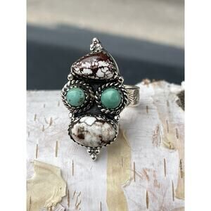 STERLING Silver NATIVE Style SW Wild Horse TURQUOISE Cluster Ring Adj 925